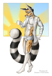 Size: 684x1000 | Tagged: safe, artist:wookiee, oc, oc only, oc:chester (terrie smith), anthro, plantigrade anthro, 2002, abstract background, amber eyes, anklet, briefs, bulge, clothes, coffee mug, feet, fur, long tail, looking at you, male, open clothes, open shirt, pinup, ringtail, shirt, signature, solo, solo male, spots, stripes, tail, tan body, tan fur, tighty whities, topwear, twink, underwear, white body, white fur