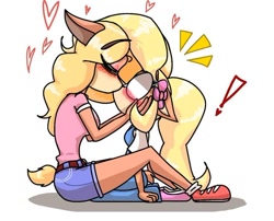 Size: 564x455 | Tagged: artist needed, safe, coco bandicoot (crash bandicoot), tawna bandicoot (crash bandicoot), bandicoot, mammal, marsupial, anthro, crash bandicoot (series), blushing, clothes, cocotawna (crash bandicoot), cute, female, female/female, flower, flower in hair, hair, hair accessory, heart, kissing, shipping, simple background, surprise kiss, surprised, white background