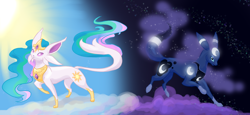 Size: 1960x900 | Tagged: safe, artist:bedupolker, princess celestia (mlp), princess luna (mlp), eeveelution, espeon, fictional species, mammal, umbreon, feral, friendship is magic, hasbro, my little pony, nintendo, pokémon, blue body, blue eyes, cloud, colored pupils, crossover, cutie mark, duo, duo female, ethereal hair, female, glowing, hair, multicolored hair, paws, pokéfied, purple eyes, raised leg, siblings, side view, sister, sisters, species swap, standing, tail, white body, white pupils