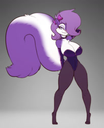 Size: 1470x1800 | Tagged: safe, artist:scorpdk, fifi la fume (tiny toon adventures), mammal, skunk, anthro, tiny toon adventures, warner brothers, bedroom eyes, big breasts, big tail, blue eyes, bow, breasts, cheek fluff, chest fluff, choker, cleavage, clothes, eyelashes, female, fluff, fur, gloves, gradient background, gray background, hair, hair bow, hair over one eye, hand behind head, leotard, looking at you, purple hair, simple background, solo, solo female, stockings, tail, tail fluff, thick thighs, thighs, white body, white fur