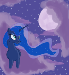 Size: 1197x1299 | Tagged: safe, artist:ononim, artist:ononymous, princess luna (mlp), alicorn, equine, fictional species, mammal, pony, feral, friendship is magic, hasbro, my little pony, cloud, eyelashes, eyeshadow, female, hair, lidded eyes, makeup, mane, mare, missing accessory, moon, smiling, solo, solo female, standing on cloud, starry mane, starry night, stars