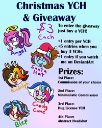 Size: 2000x2500 | Tagged: safe, artist:dawn-designs-art, rudolph the red nosed reindeer, oc, oc only, angel, earth pony, equine, fictional species, mammal, pegasus, pony, unicorn, feral, hasbro, my little pony, art raffle, blep, candy cane, christmas, clothes, commission, commission info, commissions open, female, gradient background, green eyes, hat, high res, holiday, horn, magenta eyes, male, no pupils, pink eyes, prize, purple eyes, raffle prize, santa hat, text, tongue, tongue out, ych
