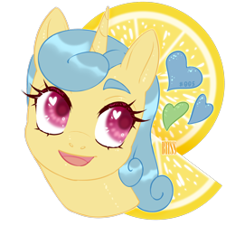 Size: 2000x2000 | Tagged: safe, artist:bismark, lemon hearts (mlp), equine, fictional species, mammal, pony, unicorn, feral, friendship is magic, hasbro, my little pony, 2d, blue hair, bust, cute, female, food, fruit, fur, hair, heart, heart eyes, high res, horn, lemon, magenta eyes, mane, simple background, sketch, solo, solo female, transparent background, watermark, wingding eyes, yellow body, yellow fur
