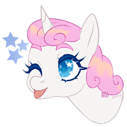 Size: 2000x2000 | Tagged: safe, artist:bismark, twinkleshine (mlp), equine, fictional species, mammal, pony, unicorn, feral, friendship is magic, hasbro, my little pony, 2d, blep, blue eyes, bust, cute, female, fur, hair, high res, horn, mane, one eye closed, open mouth, pink hair, simple background, sketch, solo, solo female, starry eyes, stars, tongue, tongue out, transparent background, watermark, white body, white fur, wingding eyes, winking