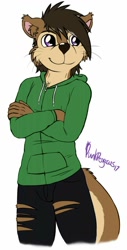 Size: 650x1280 | Tagged: safe, artist:punkpega, oc, oc only, oc:ozzy, mammal, mustelid, otter, anthro, 2017, cheek fluff, chest fluff, clothes, crossed arms, ear fluff, ear tuft, featured image, fluff, hood, hoodie, index get, jeans, male, purple eyes, ripped jeans, signature, simple background, smiling, solo, solo male, tail, topwear, torn clothes, whiskers, white background