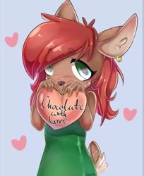 Size: 808x992 | Tagged: safe, artist:kukseleg, oc, oc only, oc:ambii (unknownrandompt), cervid, deer, mammal, anthro, 2020, animal ears, black outline, blue background, blushing, brown body, brown fur, brown tail, clothes, digital art, doe, dress, ear fluff, ear piercing, earring, english text, female, fluff, freckles, front view, fur, gold earring, green dress, green eyes, hair, heart, heart eyes, heart-shaped pupils, holding, holding heart, holiday, jewelry, kemono, long hair, looking at you, love heart, multicolored tail, piercing, red hair, short tail, signature, simple background, solo, solo female, tail, valentine's day, white spots, white tail, wingding eyes
