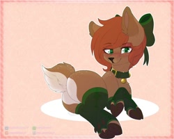 Size: 1500x1200 | Tagged: safe, artist:red_moonwolf, oc, oc only, oc:ambii (unknownrandompt), cervid, deer, mammal, feral, 2019, 5:4, abstract background, animal ears, artist name, black outline, blushing, body fur, bow, brown body, brown fur, brown tail, butt, closed mouth, clothes, cloven hooves, collar, colored pupils, deer tail, dewclaw, digital art, doe, double outline, english text, female, freckles, full body, fur, green collar, green eyes, hair, hair bow, happy, hooves, leg warmers, legwear, looking at you, lying, lying down, multicolored body, multicolored fur, multicolored tail, on side, orange hair, outline, pet tag, pink background, raised head, red hair, ribbon, short hair, short tail, simple background, smiling, solo, solo female, tail, text, thigh highs, thighhighs, toeless legwear, twitter username, underhoof, watermark, white body, white fur, white outline, white spots, white tail