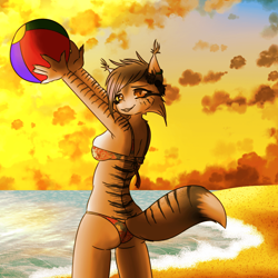 Size: 960x960 | Tagged: suggestive, artist:honey-bunn-boi, oc, oc only, oc:rain lily, bobcat, feline, lynx, mammal, anthro, 2018, amber eyes, ball, beach, beach ball, bikini, breasts, butt, clothes, cloud, fangs, female, holding, holding object, looking at you, outdoors, raised arm, raised hands, sand, sideboob, smiling, solo, solo female, striped fur, striped tail, stripes, tail, water