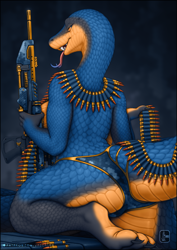 Size: 1061x1500 | Tagged: safe, artist:vader-san, oc, oc only, oc:gunmetal, reptile, snake, anthro, plantigrade anthro, 2020, abstract background, amber eyes, ammunition belt, ammunition cartridge, autorun, blue scales, breasts, bullet, butt, claws, clothes, fangs, feet, female, firearm, firearm rounds, forked tongue, gun, holding, holding weapon, kneeling, light machine gun, long tail, machinegun, panties, paws, rear view, scales, sideboob, slit pupils, snake tail, solo, solo female, tail, three-quarter view, tongue, tongue out, underpaw, underwear, weapon, yellow eyes, yellow scales