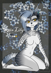 Size: 898x1280 | Tagged: safe, artist:venuscatastrophe, oc, oc only, oc:rain lily, bobcat, feline, lynx, mammal, anthro, digitigrade anthro, 2017, abstract background, artist name, asymmetrical hair, belly button, black border, blue flower, blue hair, body fur, border, breasts, cat ears, character name, claws, collarbone, color guide, color palette, colour palette, complete nudity, ear fluff, ear piercing, ear tuft, earring, english text, fangs, featureless breasts, female, flower, fluff, freckles, gray fur, gray hair, grey border, grey fur, grin, gritted teeth, hair, half closed eyes, hand up, happy, hazel eyes, jewelry, kneeling, long hair, looking to the side, navel, nudity, outside border, paw pads, paws, piercing, seiza, side view, sidelocks, signature, sitting, slit pupils, smiling, solo, solo female, spotted fur, stomach, striped fur, tail, tail fluff, teeth, text, three-quarter view, underpaw, watermark, white fur, yellow eyes