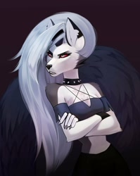Size: 2320x2910 | Tagged: safe, artist:taneysha, loona (vivzmind), canine, fictional species, hellhound, mammal, anthro, hazbin hotel, helluva boss, 2019, animal ear fluff, animal ears, animal nose, asymmetrical hair, bare shoulders, black skirt, black wings, body fur, bottomwear, breasts, chest fluff, claws, cleavage, clothes, collar, colored sclera, crop top, cropped shirt, crossed arms, eyebrow piercing, female, fluff, gradient background, gray eyes, gray fur, gray hair, gritted teeth, hair, half closed eyes, high res, index get, leaning back, long hair, long tail, looking away, midriff, off shoulder, off-shoulder shirt, open mouth, phone, piercing, red sclera, shirt, short sleeves, skirt, slit pupils, snout, solo, solo female, spike, spiked collar, spikes, standing, tail, three-quarter view, topwear, two-tone fur, white eyes, white fur, wings