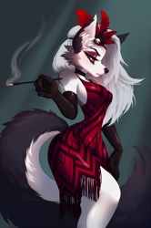Size: 1866x2815 | Tagged: safe, artist:perilun, loona (vivzmind), canine, fictional species, hellhound, mammal, anthro, hazbin hotel, helluva boss, 2020, breasts, cheek fluff, choker, cigarette, cigarette holder, clothes, dress, ear fluff, evening gloves, female, fluff, fringe, gloves, gray fur, headwear, high res, holding, lidded eyes, little red dress, long gloves, long tail, looking at you, phone, raised arm, red feathers, red sclera, side view, sideboob, simple background, smoke, smoking, solo, solo female, standing, tail, tail fluff, white eyes, white fur