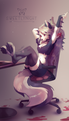Size: 4079x7200 | Tagged: safe, artist:sweetlynight, loona (vivzmind), canine, fictional species, hellhound, mammal, anthro, hazbin hotel, helluva boss, 2019, absurd resolution, animal ear fluff, animal ears, animal feet, animal nose, arms up, belly button, black gloves, black shirt, black shorts, black thighhighs, body fur, bottomwear, breasts, cell phone, chair, claws, cleavage, clothes, collar, colored sclera, crop top, cropped shirt, crossed legs, desk, ear piercing, earring, fangs, female, fingerless gloves, fluff, fluffy, fluffy tail, foot on table, full body, fur, gloves, gradient background, gray eyes, gray fur, gray hair, grey fur, grey hair, hair, leg warmers, legwear, long hair, long tail, middle finger, midriff, navel, office chair, over-knee socks, pants, paw pads, paws, phone, piercing, raised arm, red eyes, red sclera, shirt, short sleeves, shorts, side view, signature, simple background, sitting, smart phone, smartphone, snout, socks, solo, solo female, spike, spiked collar, spikes, stomach, swivel chair, table, tail, tail fluff, telephone, thighhighs, three-quarter view, toeless legwear, toeless socks, topwear, two-tone fur, underpaw, vulgar, white eyes, white fur
