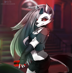 Size: 1112x1120 | Tagged: dead source, safe, artist:sketchrabbit, loona (vivzmind), canine, fictional species, hellhound, mammal, anthro, hazbin hotel, helluva boss, 2019, bottomwear, breasts, cell phone, cheek fluff, clothes, collar, crop top, cropt otp, ear piercing, earring, female, fingerless gloves, fluff, fluffy, fluffy tail, gloves, gray eyes, gray hair, grey hair, outdoors, pants, phone, piercing, red sclera, short shorts, shorts, side view, signature, slit pupils, smartphone, solo, solo female, spike, spiked collar, stairs, tail, topwear, walking