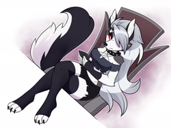 Size: 3000x2250 | Tagged: safe, artist:ambris, loona (vivzmind), canine, fictional species, hellhound, mammal, anthro, digitigrade anthro, hazbin hotel, helluva boss, 2019, bottomwear, breasts, cell phone, chair, cheek fluff, cleavage, clothes, collar, crop top, cropped shirt, double outline, ear piercing, earring, elbow fluff, female, fingerless gloves, fluff, fluffy, fluffy tail, fur, gloves, gray fur, gray hair, hair, high res, holding, holding object, leaning back, leg warmers, legwear, long hair, long tail, looking at you, midriff, over-knee socks, pants, phone, piercing, raised leg, red sclera, short shorts, shorts, shoulder fluff, side mouth, sitting, slit pupils, smartphone, socks, solo, solo female, spike, spiked collar, tail, tail fluff, thigh highs, three-quarter view, toeless legwear, toeless socks, top view, topwear, white eyes, white fur