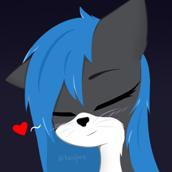Size: 2048x2048 | Tagged: character needed, oc needed, safe, artist:keupoz, oc, oc only, cat, feline, mammal, ambiguous form, 2019, animal ears, artist name, black background, blue background, blue hair, blushing, bust, closed mouth, eyes closed, female, floppy ears, front view, fur, gray fur, hair, heart, high res, long hair, multicolored body, multicolored fur, portrait, signature, simple background, smiling, solo, solo female, twitter username, two toned body, two toned fur, whiskers, white fur