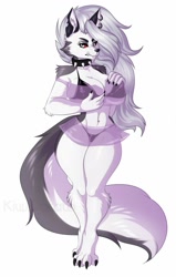 Size: 813x1280 | Tagged: suggestive, artist:kiwipotato, loona (vivzmind), canine, fictional species, hellhound, mammal, anthro, digitigrade anthro, hazbin hotel, helluva boss, 2020, animal ears, animal feet, animal nose, artist name, asymmetrical hair, belly button, belly button piercing, big breasts, black bra, body fur, bottomwear, bra, breasts, claws, cleavage, clothes, collar, colored sclera, crop top, cropped shirt, digital art, ear piercing, earring, eyebrow piercing, fangs, female, fluff, fluffy, fluffy tail, front view, full body, fur, gray eyes, gray fur, gray hair, hair, jewelry, leg fluff, lingerie, long hair, long tail, panties, piercing, red sclera, see-through, simple background, skirt, slit pupils, snout, solo, solo female, spiked collar, spikes, standing, tail, teeth, thick thighs, thighs, thong, topwear, two-tone fur, underwear, watermark, white background, white eyes, white fur, wide hips