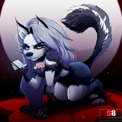 Size: 4096x4096 | Tagged: safe, artist:pittree, artist:sushi_burgerrr, loona (vivzmind), canine, fictional species, hellhound, mammal, anthro, hazbin hotel, helluva boss, 1:1, 2019, absurd resolution, all fours, animal ear fluff, animal ears, animal feet, animal nose, artist name, bare shoulders, black gloves, body fur, bottomwear, breasts, cell phone, cheek fluff, claws, cleavage, closed mouth, clothes, collar, colored sclera, crop top, fangs, female, fingerless gloves, fluff, fluffy, fluffy tail, full body, fur, gloves, gray eyes, gray fur, gray hair, hair, half closed eyes, hand up, heart, holding, holding object, holding phone, looking at you, midriff, moon, off-shoulder shirt, on all fours, phone, red sclera, shirt, short sleeves, shorts, shoulder fluff, skirt, smartphone, smiling, snout, solo, solo female, spike collar, spiked collar, spikes, tail, thighs, topwear, torn clothes, torn shirt, two-tone fur, white eyes, white fur, wolf ears