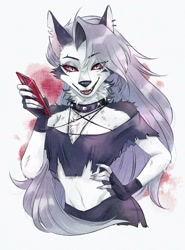 Size: 1000x1350 | Tagged: safe, artist:hamshio, loona (vivzmind), canine, fictional species, hellhound, mammal, anthro, hazbin hotel, helluva boss, bottomwear, breasts, cell phone, cheek fluff, chest fluff, clothes, collar, colored sclera, crop top, cropped shirt, ear piercing, earring, eye through hair, eyebrow through hair, eyebrows, fangs, female, fingerless gloves, fluff, front view, fur, gloves, gray eyes, gray fur, gray hair, hair, holding, holding object, long hair, looking at you, midriff, neck fluff, open mouth, phone, piercing, red sclera, shorts, simple background, smartphone, smiling, solo, solo female, spiked collar, three-quarter view, topwear, white background, white eyes, white fur