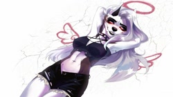Size: 1280x719 | Tagged: safe, artist:codyblue-731, loona (vivzmind), canine, fictional species, hellhound, mammal, anthro, hazbin hotel, helluva boss, 2019, abstract background, belly button, belly button piercing, bottomwear, breasts, cheek fluff, clothes, collar, crop top, ear fluff, female, fluff, fur, gray eyes, gray fur, gray hair, hair, halo, long hair, lying down, nipple outline, open pants, piercing, raised arms, red sclera, short shorts, shorts, simple background, slit pupils, smiling, solo, solo female, spiked collar, topwear, white fur, wings