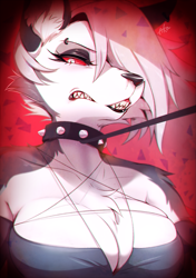 Size: 989x1403 | Tagged: safe, artist:missaka_, loona (vivzmind), canine, fictional species, hellhound, mammal, anthro, hazbin hotel, helluva boss, 2019, abstract background, breasts, chest fluff, cleavage, clothes, collar, ear fluff, female, fluff, fur, gritted teeth, leash, looking away, piercing, red sclera, shoulder fluff, slit pupils, solo, solo female, spiked collar, teeth, three-quarter view, topwear, white eyes, white fur