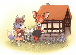 Size: 1000x724 | Tagged: safe, artist:kathryninks, beau (animal crossing), skye (animal crossing), antelope, bovid, canine, cervid, deer, mammal, wolf, anthro, animal crossing, nintendo, 2020, 2d, antlers, baguette, black eyes, bread, chibi, clothes, cloven hooves, cottage, cottagecore, cute, duo, featured image, female, floral head wreath, flower, fluff, fluffy, fluffy tail, grass, hooves, horns, kemono, lidded eyes, looking at each other, male, open mouth, outdoors, paws, sandwich, scenery, scenery porn, signature, sitting, smiling, standing, tail, ungulate