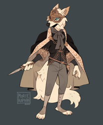 Size: 659x800 | Tagged: character needed, safe, artist:morteraphan, oc, oc only, canine, mammal, wolf, anthro, plantigrade anthro, 2020, blue eyes, cape, claws, clothes, ear fluff, fluff, fluffy tail, knife, male, mask, neck fluff, scarf, simple background, solo, solo male, standing, tail, weapon