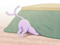 Size: 1000x750 | Tagged: safe, artist:kemonobito, eeveelution, espeon, fictional species, mammal, feral, nintendo, pokémon, 2019, ambiguous gender, behaving like a cat, butt, face down ass up, kotatsu, looking at something, multiple tails, paws, solo, solo ambiguous, tail, tail wag, two tails