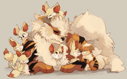 Size: 1673x1046 | Tagged: safe, artist:suikuzu, arcanine, canine, fennec fox, fennekin, fictional species, fox, growlithe, mammal, feral, nintendo, pokémon, 2013, ambiguous gender, biting, chest fluff, cute, ear bite, ear fluff, eyes closed, fangs, fluff, gray background, group, happy, kemono, large group, leg fluff, motherly, nervous, noseboop, open mouth, paws, side mouth, signature, simple background, sitting, size difference, sleeping, starter pokémon, tail, tired