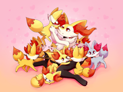 Size: 1280x965 | Tagged: dead source, safe, artist:flufflix, braixen, fennekin, fictional species, mammal, shiny pokémon, feral, nintendo, pokémon, 2018, :o, abstract background, ambiguous gender, ambiguous only, chest fluff, ear fluff, fluff, group, happy, heart, holding, holding character, kemono, looking at each other, looking at someone, looking at you, mouth hold, paws, red eyes, sitting, sleeping, smiling, standing, starter pokémon, stick, tail, walking