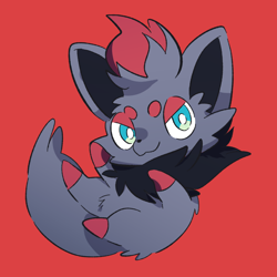 Size: 800x800 | Tagged: safe, artist:zoroa553, canine, fictional species, fox, mammal, zorua, feral, nintendo, pokémon, 2020, ambiguous gender, blue eyes, looking at you, paws, red background, simple background, smiling, solo, solo ambiguous, tail