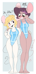Size: 689x1400 | Tagged: oc needed, safe, artist:siden, oc, oc only, mammal, mouse, rodent, anthro, 2020, abstract background, blushing, border, breasts, cleavage, clothes, dialogue, digital art, duo, duo female, ear piercing, earring, english text, eyebrow through hair, eyebrows, female, female/female, females only, front view, gray eyes, hair, holding, holding character, long legs, long tail, looking at each other, one-piece swimsuit, open mouth, piercing, purple eyes, shipping, signature, simple background, smiling, swimsuit, tail, talking, white border