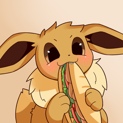 Size: 1148x1148 | Tagged: safe, artist:starryvolta, eevee, fictional species, mammal, feral, nintendo, pokémon, 2020, ambiguous gender, brown eyes, eating, fangs, food, gradient background, holding, paw hold, paws, saliva, sandwich, smiling, solo, solo ambiguous, tail