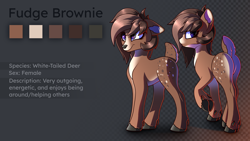Size: 5760x3240 | Tagged: safe, artist:charlie_p0p, oc, oc only, oc:fudge brownie, cervid, deer, mammal, feral, 2020, abstract background, butt, color palette, colour palette, english text, featureless crotch, female, hooves, looking back, purple eyes, raised tail, rear view, reference sheet, short tail, side view, smiling, solo, solo female, tail, text, three-quarter view