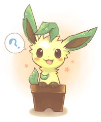 Size: 549x666 | Tagged: safe, artist:mochi., eeveelution, fictional species, leafeon, mammal, feral, nintendo, pokémon, 2010, ambiguous gender, blushing, brown eyes, fangs, flower pot, front view, gradient background, kemono, looking at you, open mouth, paws, pot, pun, question mark, simple background, smiling, solo, solo ambiguous, speech bubble, tail, visual pun