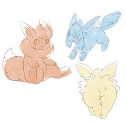 Size: 1500x1500 | Tagged: safe, artist:pu_sukebe, eeveelution, fictional species, flareon, glaceon, jolteon, mammal, feral, nintendo, pokémon, 2020, ambiguous gender, butt, group, kemono, paws, simple background, tail, trio