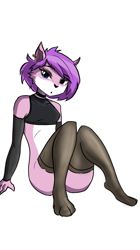 Size: 2244x4000 | Tagged: artist needed, source needed, suggestive, oc, oc only, oc:megumi miyamoto, cat, feline, mammal, anthro, arm warmer, arm warmers, blue eyes, breasts, choker, clothes, crop top, female, high res, legwear, looking at you, phone, simple background, sitting, solo, solo female, stockings, topwear