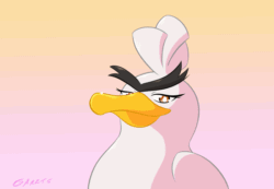 Size: 700x485 | Tagged: safe, artist:garrts, bird, fictional species, sirfetch'd, feral, nintendo, pokémon, pokémon sword and shield, 2019, 2d, 2d animation, amber eyes, ambiguous gender, animated, beak, eyebrows, gif, gradient background, looking at you, signature, simple background, solo, solo ambiguous, three-quarter view