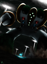 Size: 1007x1383 | Tagged: safe, artist:esepibe, fictional species, legendary pokémon, lucario, mammal, regigigas, anthro, feral, nintendo, pokémon, 2010, ambiguous gender, cloud, duo, face off, fighting, lights, looking at each other, macro, night, outdoors, reference, scenery, shadow of the colossus, signature, size difference