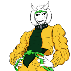 Size: 1280x1280 | Tagged: safe, artist:dreemurrs-wrath, asriel dreemurr (undertale), dio brando (jojo), bovid, goat, mammal, anthro, jojo's bizarre adventure, undertale, 2016, antagonist, clothes, cosplay, crossover, fangs, front view, hand on hip, heart, horn, jojo reference, looking at you, male, meme, open mouth, simple background, smiling, solo, solo male, three-quarter view, transparent background