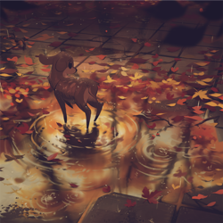 Size: 2000x2000 | Tagged: safe, artist:itsdanfango, oc, oc only, oc:ansel, cervid, deer, mammal, feral, 2018, autumn, city, featured image, high res, hooves, leaf, looking back, male, puddle, rain, reflection, scenery, scenery porn, short tail, solo, solo male, tail, technical advanced, water, wet, worried