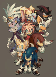 Size: 882x1198 | Tagged: safe, artist:aoki, artist:fumomo, amy rose (sonic), blaze the cat (sonic), cheese (sonic), cream the rabbit (sonic), knuckles the echidna (sonic), miles "tails" prower (sonic), rouge the bat (sonic), shadow the hedgehog (sonic), silver the hedgehog (sonic), sonic the hedgehog (sonic), bat, canine, cat, chao, echidna, feline, fictional species, fox, hedgehog, lagomorph, mammal, monotreme, rabbit, red fox, anthro, plantigrade anthro, semi-anthro, sega, sonic the hedgehog (series), 2013, amber eyes, blue eyes, boots, breasts, clothes, cyan eyes, digital art, dipstick tail, dress, eyeliner, eyes closed, eyeshadow, female, fluff, fur, gloves, gray background, green eyes, group, happy, headband, lavender fur, lavender tail, lidded eyes, looking at someone, looking at you, looking away, makeup, male, multiple tails, open mouth, orange tail, ponytail, purple eyes, quills, red tail, shoes, side mouth, simple background, smiling, tail, tail fluff, two tails, white tail