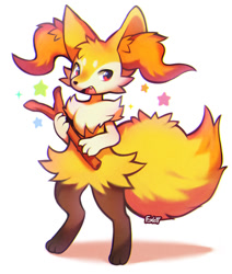 Size: 1017x1200 | Tagged: safe, artist:foxlett, braixen, fictional species, mammal, anthro, digitigrade anthro, semi-anthro, nintendo, pokémon, 2020, ambiguous gender, cheek fluff, color porn, ear fluff, fangs, fluff, front view, head fluff, holding, holding object, kemono, open mouth, paw hold, paws, red eyes, signature, simple background, smiling, solo, solo ambiguous, standing, stars, starter pokémon, tail, three-quarter view, twig, white background