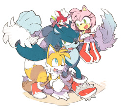 Size: 700x645 | Tagged: safe, artist:しろろろ, amy rose (sonic), chip (sonic), miles "tails" prower (sonic), sonic the hedgehog (sonic), sonic the werehog (sonic), ambiguous species, canine, fictional species, fox, hedgehog, mammal, red fox, vulpine, anthro, semi-anthro, sega, sonic the hedgehog (series), sonic unleashed, 2014, amber eyes, blue eyes, boots, breasts, claws, clothes, deity, digital art, dipstick tail, dress, female, fluff, gloves, green eyes, group, happy, headband, kemono, male, multiple tails, open mouth, orange tail, quills, shoes, simple background, smiling, sneakers, tail, tail fluff, two tails, werebeast, werehog, white background, white tail
