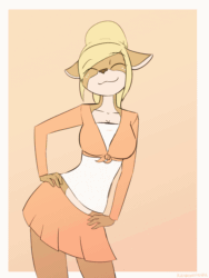 Size: 630x840 | Tagged: safe, artist:kanashiipanda, oc, oc only, oc:julia woods, deer, mammal, anthro, book of lust, 2018, 2d, 2d animation, animated, border, bottomwear, breasts, closed mouth, closed smile, clothes, countershading, cute, dancing, digital art, eyes closed, female, flat colors, frame by frame, freckles, front view, gif, hand on hip, happy, ocbetes, signature, simple background, skirt, smooth as butter, solo, solo female, topwear, white border