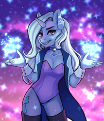 Size: 3000x3500 | Tagged: safe, artist:yashma, trixie (mlp), equine, fictional species, mammal, pony, unicorn, anthro, friendship is magic, hasbro, my little pony, 2020, anthrofied, black eyebrows, black eyeshadow, black legwear, black outline, black thighhighs, blue body, blue ears, blue fur, blue hair, blue horn, blue skin, breasts, cape, choker, cleavage, clothes, collarbone, color porn, colored skin, corset, cowboy shot, cuffs (clothes), cutie mark, digital art, ear piercing, earring, female, front view, fur, grin, hair, hands up, high res, horn, jacket, jewelry, kemono, legwear, leotard, long hair, looking at you, magenta eyes, magic, mare, medium breasts, necklace, piercing, pink eyes, purple eyes, smiling, solo, solo female, sparkles, standing, stars, tail, technical advanced, thigh highs, topwear, vest, white hair, wrist cuffs