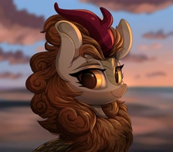 Size: 1566x1379 | Tagged: safe, artist:colorsoundz, autumn blaze (mlp), equine, fictional species, kirin, mammal, feral, friendship is magic, hasbro, my little pony, 2020, amber eyes, blurred background, brown body, brown eyebrows, brown fur, brown scales, bust, chest fluff, cloud, digital art, female, fluff, fur, hair, horn, looking at you, mane, multicolored body, orange eyes, orange hair, orange mane, outdoors, portrait, red horn, scales, sky, smiling, smiling at viewer, solo, solo female, three-quarter view, toony, yellow scales