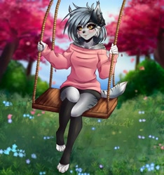 Size: 1920x2048 | Tagged: safe, alternate version, artist:sugarfoxxart, oc, oc only, oc:rain lily, bobcat, cat, feline, mammal, anthro, digitigrade anthro, 1girl, 2020, amber eyes, animal ear fluff, animal ears, animal feet, animal nose, artist name, bare shoulders, barefoot, black body, black fur, black nose, black skirt, black socks, blossom, blue flower, blue sky, blurred background, blurry, blushing, bobcat ears, bobcat tail, body fur, bottomwear, breasts, bush, cherry blossoms, claws, closed mouth, clothes, collarbone, colored sclera, day, depth of field, digital art, dipstick tail, ear fluff, ear piercing, ear tuft, earring, female, flower, fluff, front view, full body, fur, furry female, grass, gray fur, gray hair, grey ears, grey tail, hair, hands up, happy, holding, jewelry, kemono, knee-high socks, kneehighs, knees together feet apart, leg warmers, legwear, long sleeves, looking at you, medium breasts, multicolored tail, off shoulder, off-shoulder sweater, outdoors, paw pads, paws, petals, piercing, pink sweater, plant, rope, scenery, scenery porn, shiny skin, short hair, short tail, shorts, signature, sitting, skirt, sky, smiling, snout, socks, solo, solo female, stripes, sweater, swing, swinging, tail, technical advanced, thighs, toeless legwear, topwear, tree, two-tone fur, watermark, white body, white fur, white tail, yellow eyes