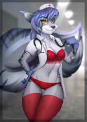 Size: 775x1080 | Tagged: dead source, safe, artist:sukiskuki, oc, oc only, oc:rain lily, bobcat, cat, feline, mammal, anthro, 2019, amber eyes, belly button, blue hair, blurred background, border, bra, breasts, clothes, digital art, ear piercing, earring, eye through hair, female, fluff, freckles, funny post number, gray fur, hat, hospital, legwear, lingerie, long tail, looking at you, nurse, nurse hat, nurse outfit, open clothes, open shirt, panties, piercing, shirt, solo, solo female, standing, stetoscope, tail, tail fluff, thigh highs, topwear, underwear, yellow eyes