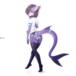 Size: 5000x5000 | Tagged: suggestive, artist:justafallingstar, oc, oc only, oc:tiax (twiren), fish, shark, anthro, plantigrade anthro, 1:1, 2020, absurd resolution, artist name, bracelet, brown hair, bulge, butt, clothes, colored pupils, colored skin, crossdressing, digital art, ear piercing, earring, ears laid back, femboy, fins, fish tail, floppy ears, full body, garter belt, green eyes, hair, jewelry, legwear, long tail, looking at you, looking back, male, panties, piercing, purple skin, rear view, shark tail, shirt, short hair, short sleeves, simple background, skin, solo, solo male, standing, stockings, tail, thigh highs, three-quarter view, topwear, underwear, walking, white background, white panties, white shirt